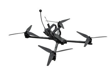 Carbon frame FPV racing drone with four propellers and visible camera, isolated on white back