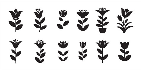 flower icon set vector silhouette on white background.