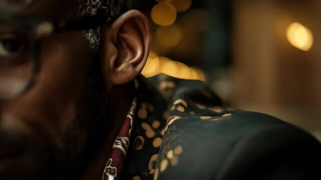 Stylish dark-skinned man with eyewear rests chin on hand, his unique patterned scarf a focal point in soft light indoor setting.