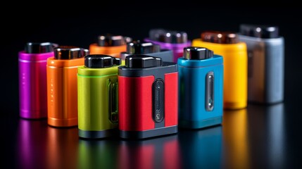 Fototapeta premium Colorful electronic vaping devices arranged on a reflective surface, showcasing modern design.