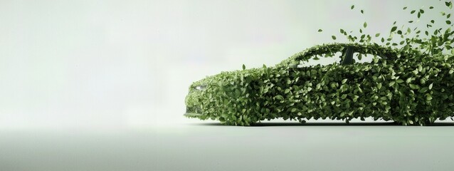 A nature-inspired eco-friendly car wrapped in vibrant greenery on a minimalist background.