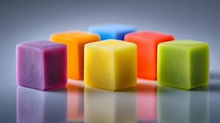 Colorful foam blocks arranged creatively on a smooth surface.