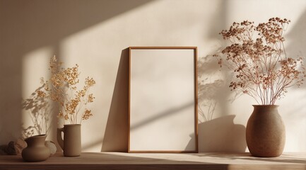 Wooden frame with ceramic vases