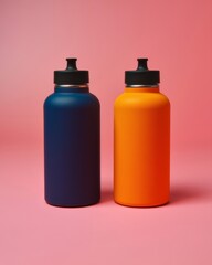 Two vibrant colored water bottles on pink background