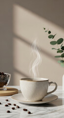Fototapeta premium Close-up of steaming coffee cup on marble table with coffee beans and eucalyptus leaves