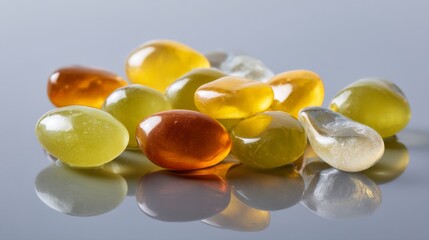 Colorful gelatin candies arranged on a reflective surface, showcasing various shapes.