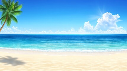 Tropical Beach Paradise - Serene tropical beach scene with clear blue water, white sand, and a palm tree. Perfect for travel, vacation, or summer themes