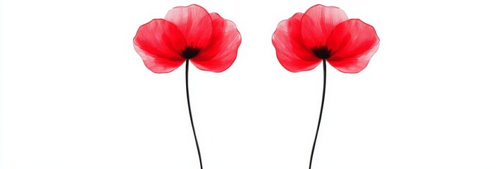 Two Red Poppies on White - Elegant of two red poppies, stems extending downwards, set against a pure white background. Ideal for sympathy cards, memorial, or nature themes
