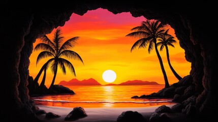 Tropical Sunset View from Cave - Serene sunset scene viewed from a dark cave opening, showcasing palm trees on a tranquil beach with a vibrant orange and pink sky