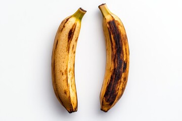 Two Overripe Bananas on White Background - A pair of overripe bananas, one slightly more bruised than the other, rests against a stark white backdrop. The symbolizes aging, contrast, ripeness, decay