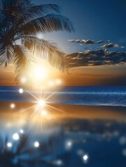 Tropical Sunset Beach Scene - Serene sunset over a tropical beach with palm trees, reflecting the golden light on the calm ocean water