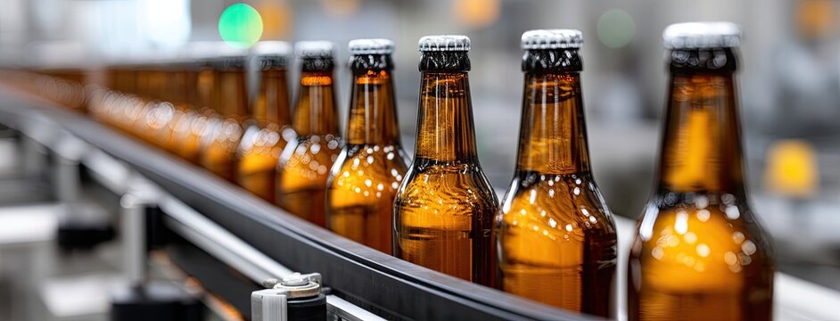 Bottles of beer are moving along a conveyor belt in an industrial facility, showcasing the production process in soft daylight