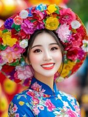 Vietnamese Woman in Floral Hat and Ao Dai - A young Asian woman smiles, wearing a vibrant floral hat and traditional Ao Dai. Beautiful portrait