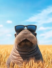 Walrus in Sunglasses Wheat Field - A walrus wearing sunglasses sits in a field of golden wheat under a bright blue sky