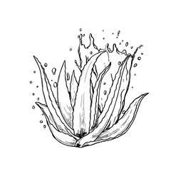 Vector monochrome aloe plant with dynamic water splashes illustration in black and white design. Antiseptic water wave etching drawing for spa branding, cosmetic packaging, organic beauty product