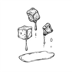 Monochrome melting ice cube with falling drops and water puddle vector illustration. Crystal freezer brick in clear liquid black and white sketch. For cocktail packaging, refreshing summer concept