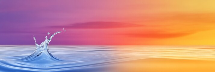 Water Splash at Sunset - A single water splash in the foreground against a vibrant sunset sky and calm ocean. Serene and tranquil