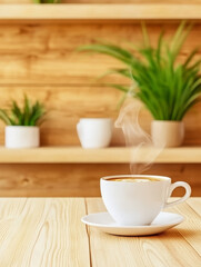 Warm Morning Coffee Break - A steaming cup of latte art coffee sits on a light wood table, symbolizing relaxation, warmth, comfort, a cozy atmosphere, and a peaceful morning