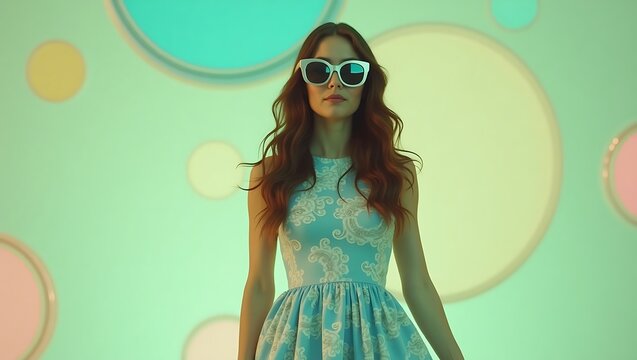 Smiling brunette woman in a red dress with sunglasses posing glamorously