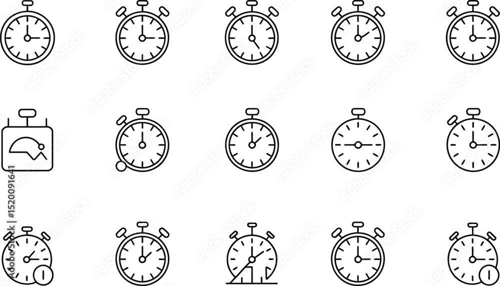 Poster a set of fifteen stopwatch icons in a line art style on a white background showing various time inte
