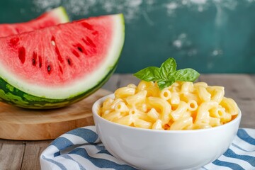 Watermelon and Mac and Cheese Summer Delight - A refreshing summer combination of juicy watermelon and creamy mac and cheese. Symbolizing summer, comfort food, unexpected pairings, vibrant colors