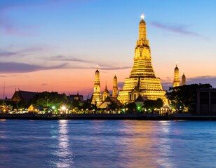 Fototapeta premium Golden temple at twilight on riverbank