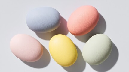 Colorful pastel eggs arranged elegantly on a light background.