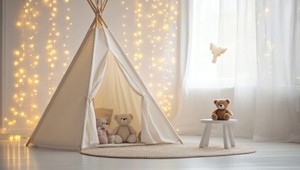 Charming nursery corner with a whimsical tent, soft lighting, and teddy bears