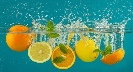 Orange lemon and mint splash into water