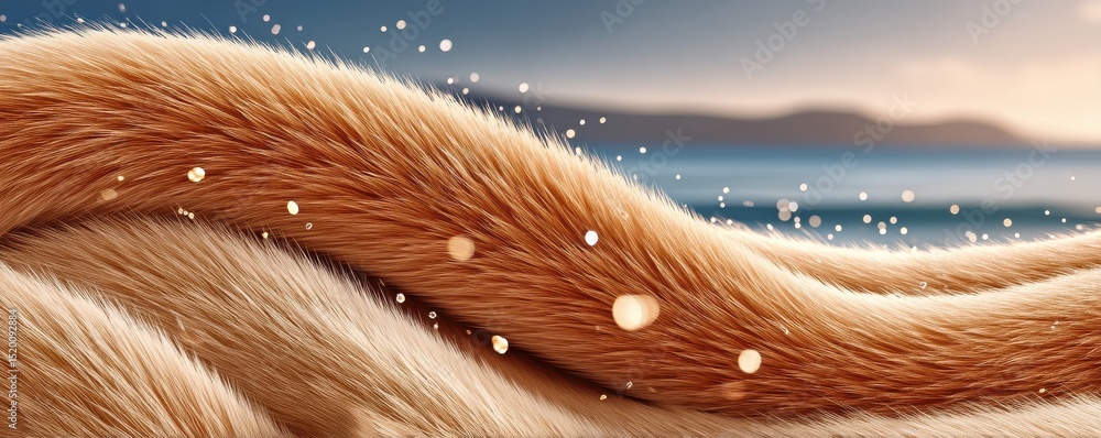 Poster close-up of soft fur texture with sparkling particles in warm sunlight