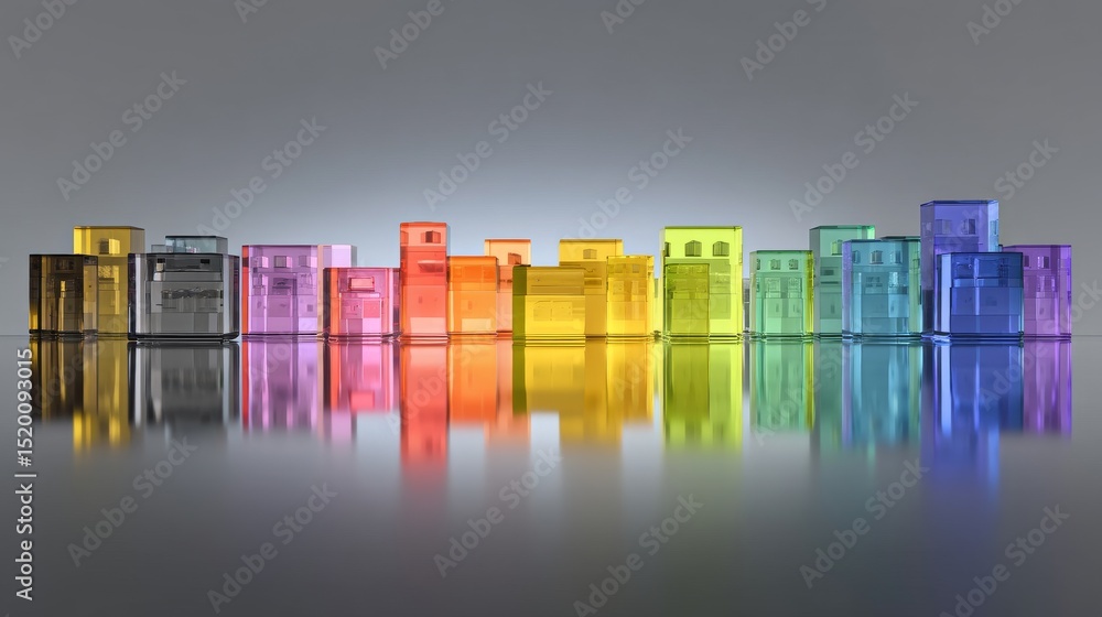Poster colorful translucent blocks aligned, casting reflections, creating an artistic display.