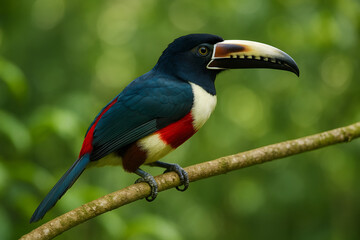 Collared aracari perched on branch in lush green forest