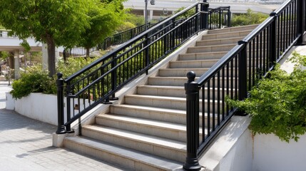 Black metal handrail complements gray stone steps, bordered by vibrant green plants in a tranquil outdoor park area