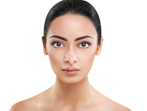 Beautiful indian girl with perfect skin make up closeup. Beauty and health care. Ideal closeup portrait of brunette, isolated on white background