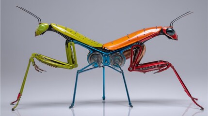 Creative artistic representation of colorful insect sculptures made from recycled materials.