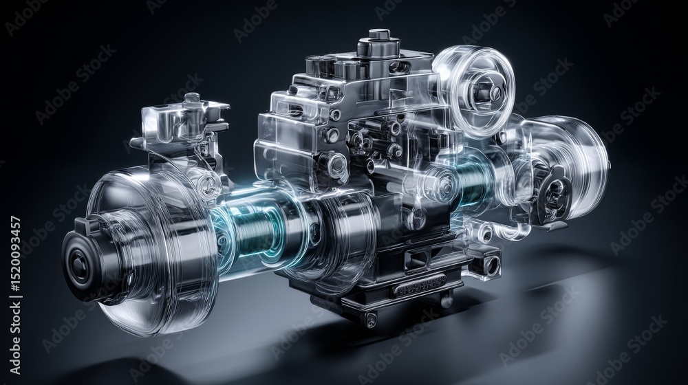 Poster detailed close-up of a transparent mechanical engine part showcasing intricate design.