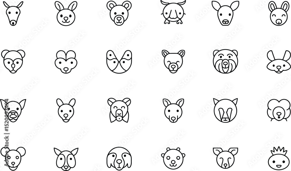 Poster a collection of twenty four animal face icons in a grid pattern on a white background, simple line a