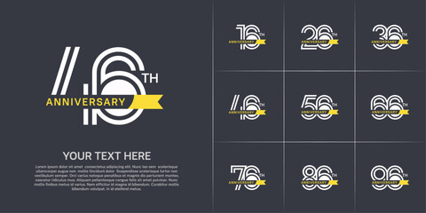 Anniversary logo type set with double line number. white color with small yellow ribbon for celebration event