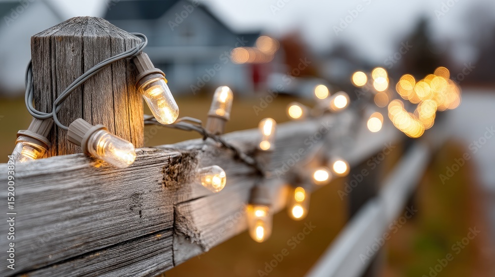 Poster string lights illuminate a wooden fence in a backyard, creating a warm and inviting atmosphere durin