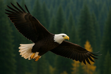 Obraz premium Majestic bald eagle in flight over evergreen forest