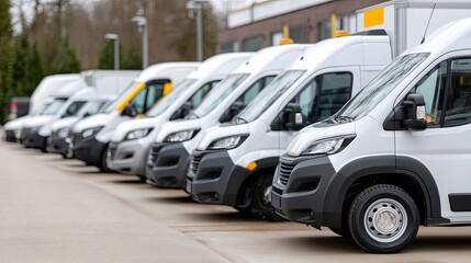 Multiple white delivery trucks arranged neatly in a commercial setting with a blurred urban backdrop indicating a busy day