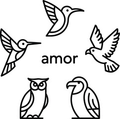 Fototapeta premium Minimalist design featuring five different bird species arranged around the word amor in the center