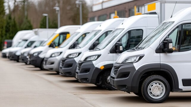 Multiple white delivery trucks arranged neatly in a commercial setting with a blurred urban backdrop indicating a busy day - Powered by Adobe