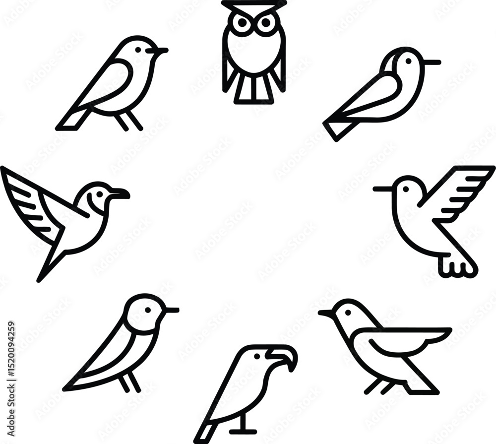 Poster a minimalistic depiction of various birds and an owl arranged in a circular pattern on a light backg