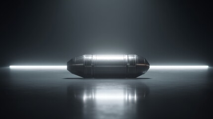 Futuristic capsule illuminated in a dark environment, showcasing sleek design.