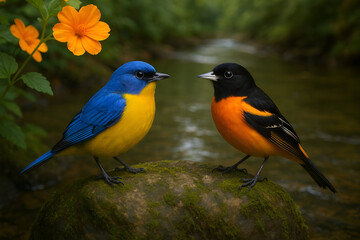 Vibrant blue and orange birds on mossy rock by stream