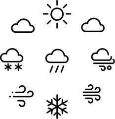 Fototapeta premium Weather icons arranged in a circle including sun clouds rain snow wind and snowflake on a light background