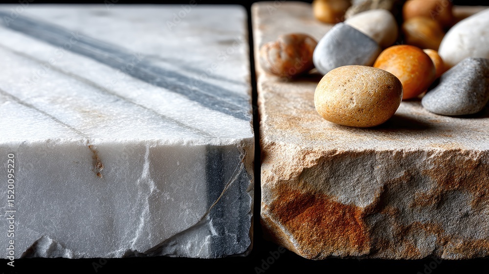 Aufkleber close-up highlights granite tile edges with irregular shapes, showcasing pebbles nestled between the