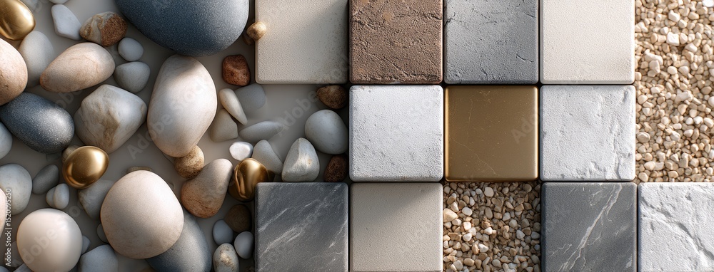 Aufkleber close-up highlights granite tile edges with irregular shapes, showcasing pebbles nestled between the