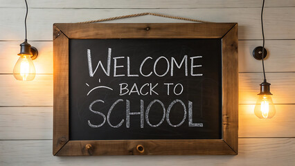 Welcome back to school chalkboard sign with vintage light bulbs on wooden wall